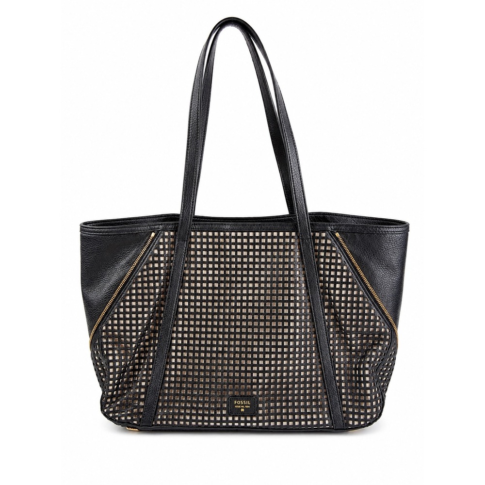 Fossil Vintage Y2K Ava Shopper Tote Black Perforated Leather Large Shoulder Bag